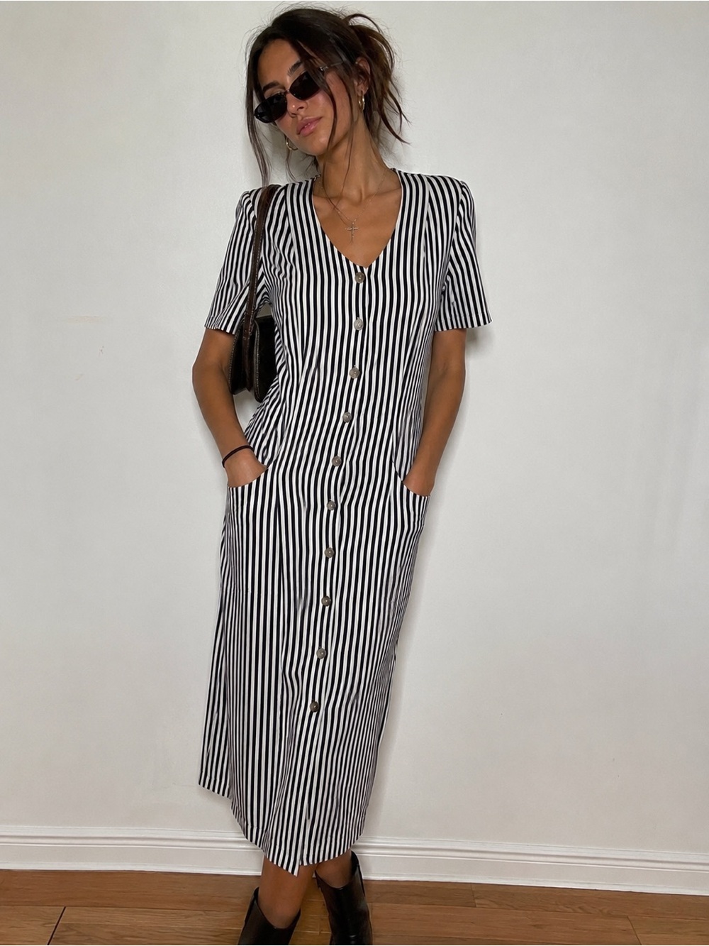 Concepts Vintage 80s Black & White Striped Midi Dress | Med